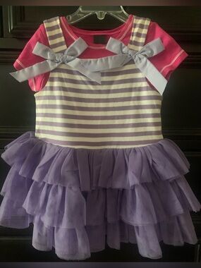 Girls Purple Layered Tulle Dance Dress with Pink Top and Bow Details
